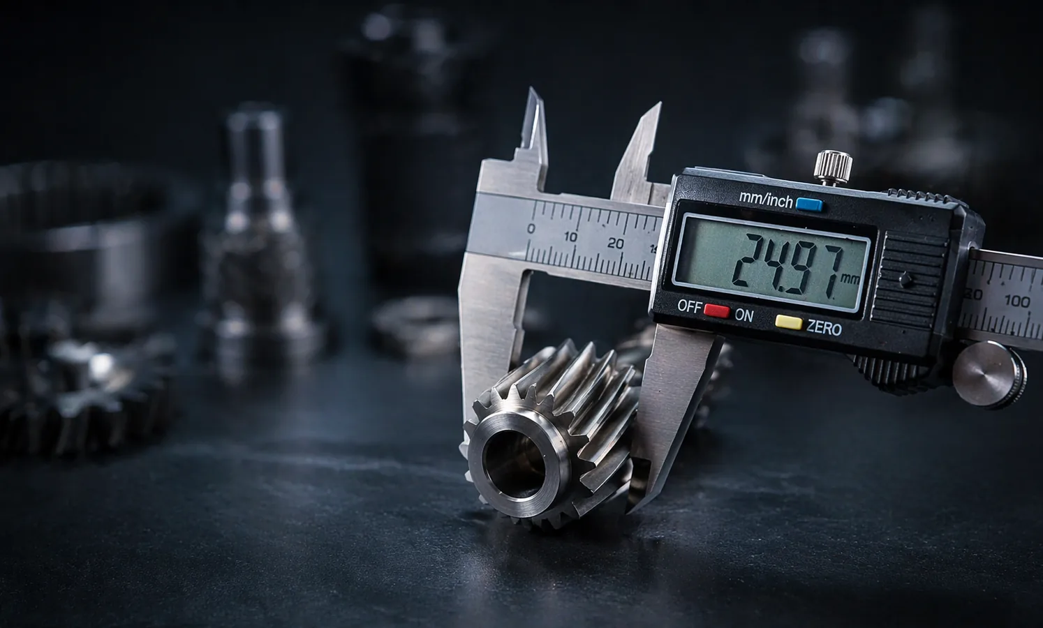 Digital caliper measuring MIM gear — precision verification