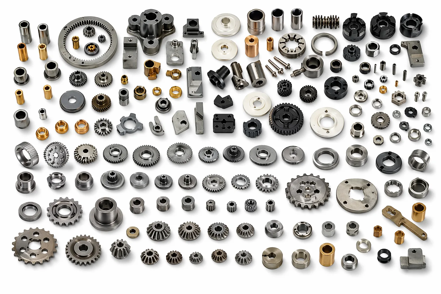 Representative MIM part family — gears, bushings, locking components, connectors, splines