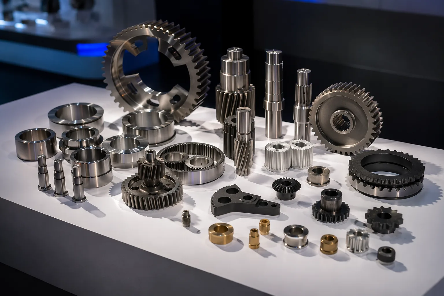 Representative MIM gears, shafts and precision components on studio display